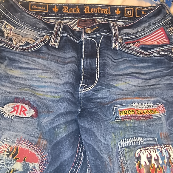 Rock Revival Blue Denim Jeans with Red Flame & Patch Accents - Picture 2 of 6